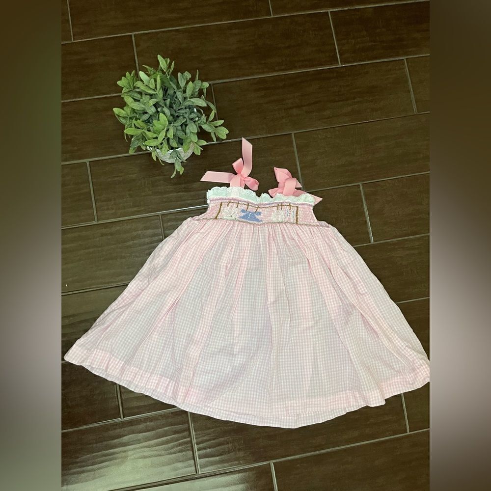 Vintage pink/white gingham smocked dress